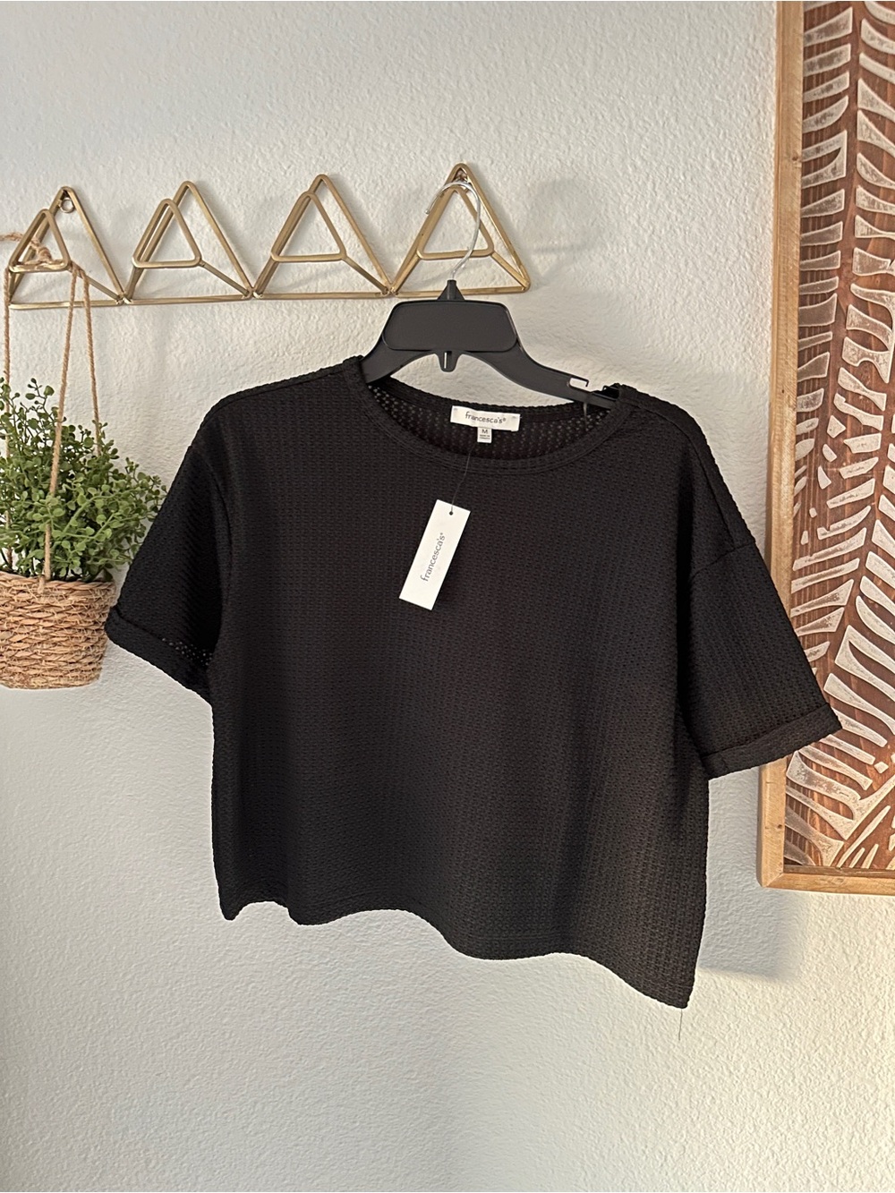 Francesca's Collections Black Textured Boxy Short-Sleeve Top